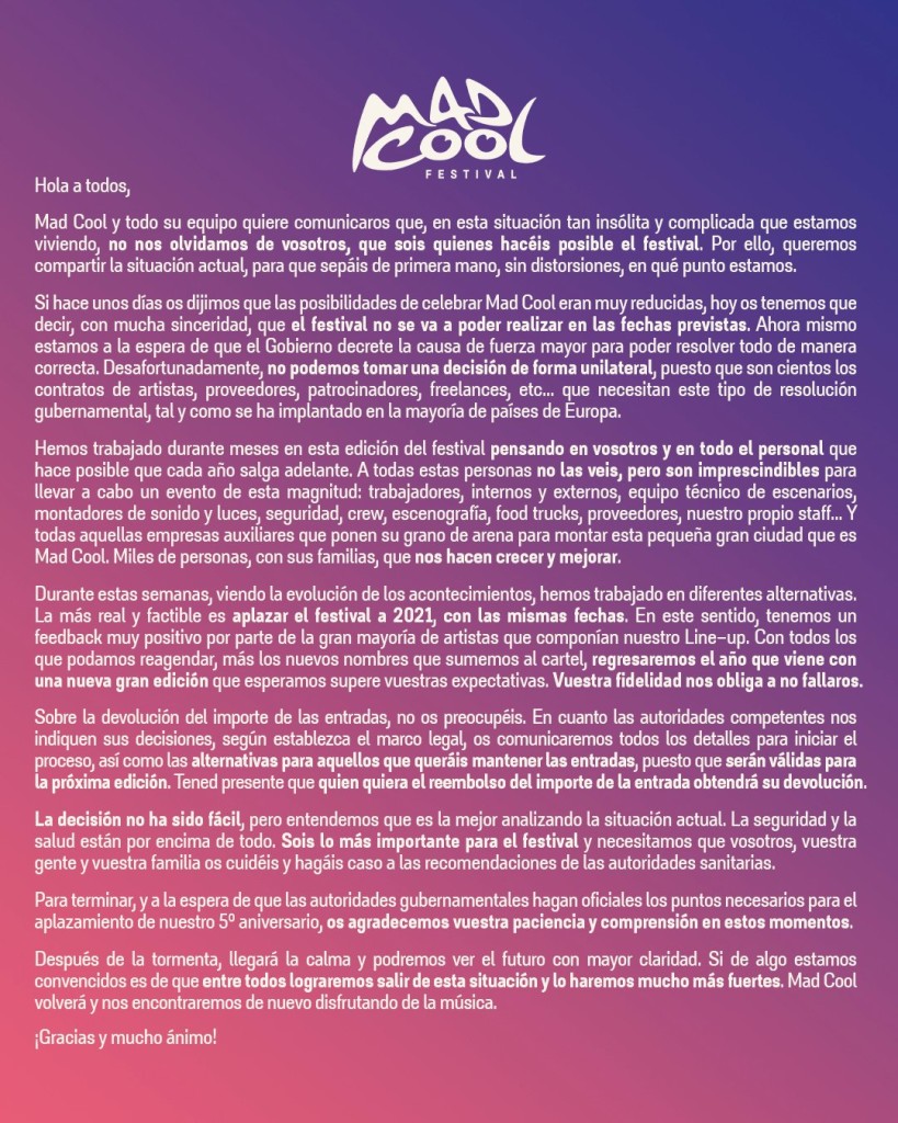 mad cool 2020 comunicado